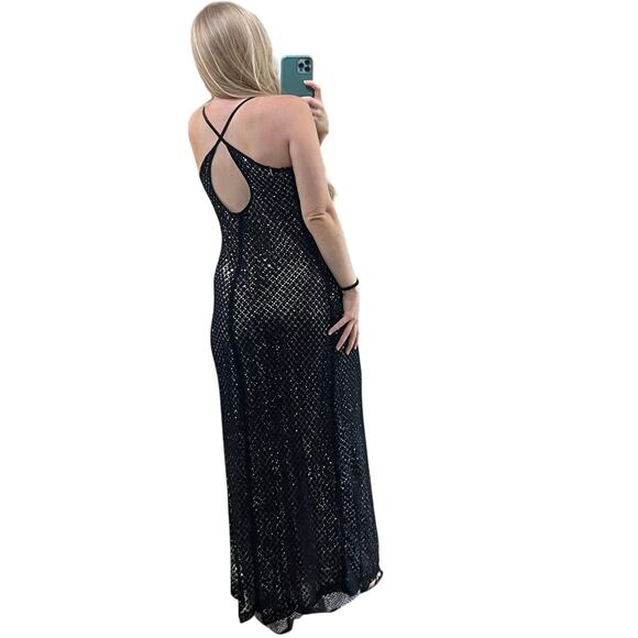 90’s Y2K Rampage Black Overlay Metallic Silver Halter Maxi Occasion Dress (Sz M) - Picture 4 of 16